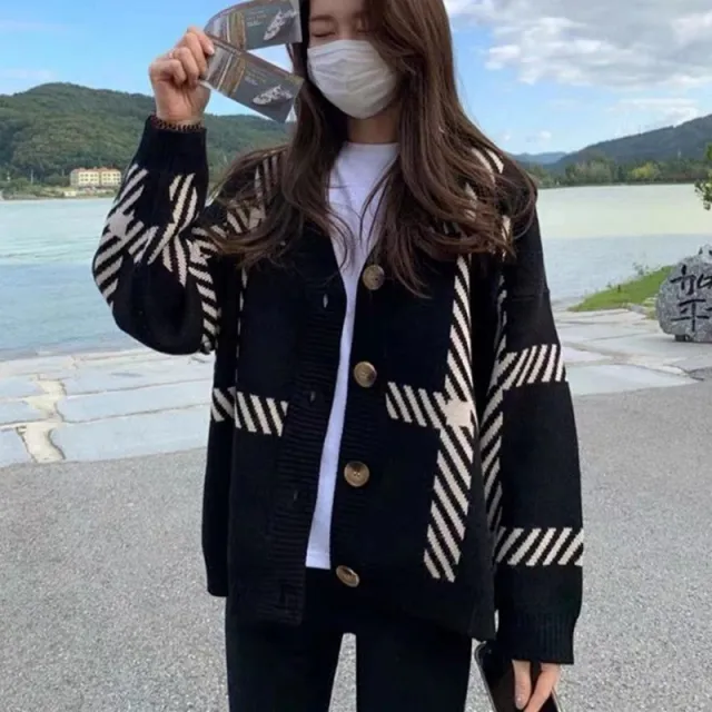 Women's Black Striped Knitted Cardigan Black - Shop at LoveMi
