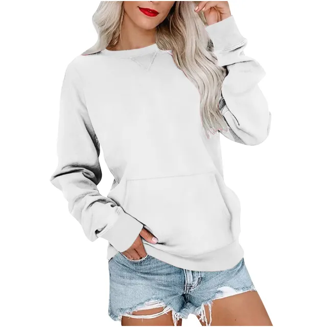 Women's Pin Solid Color Round Neck Loose Long sleeved Sweater White - Shop at LoveMi