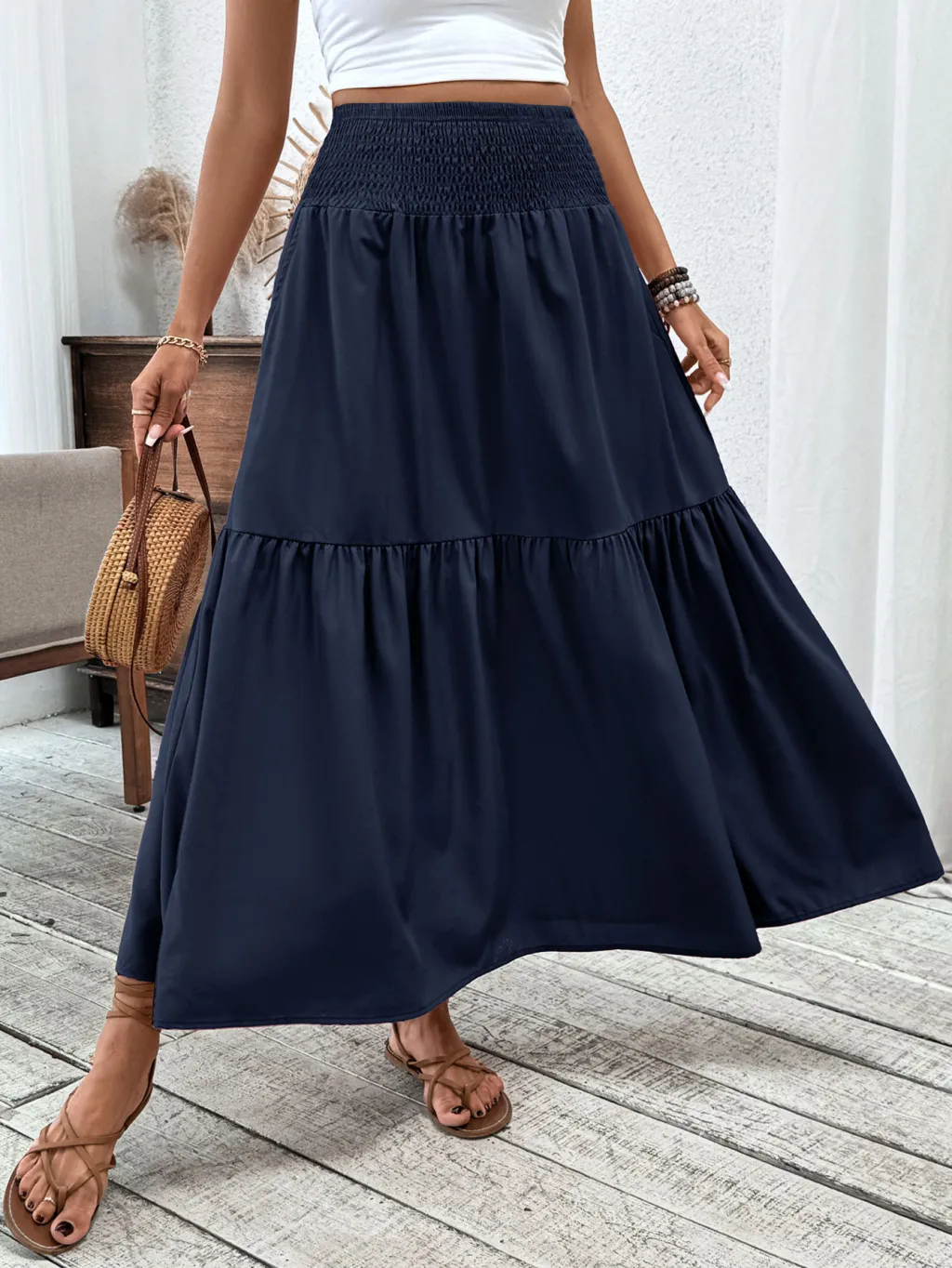 Small Floral Three-layer Long Patchwork Skirt - Navy