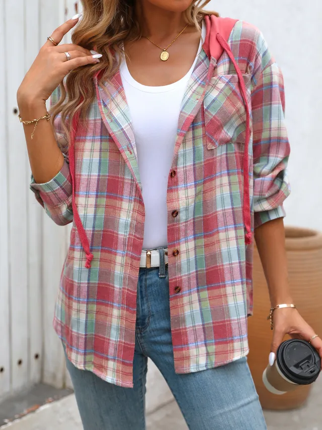 Women's Casual Fashion Loose Plaid Shirt Red - Shop at LoveMi