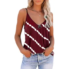 Women's Sleeveless Camisole V-neck Striped Printed T-shirt - Wine Red - View 1