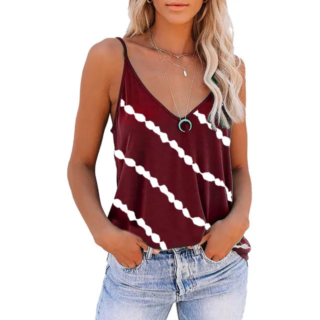 Women's Sleeveless Camisole V neck Striped Printed T shirt Wine Red - Shop at LoveMi