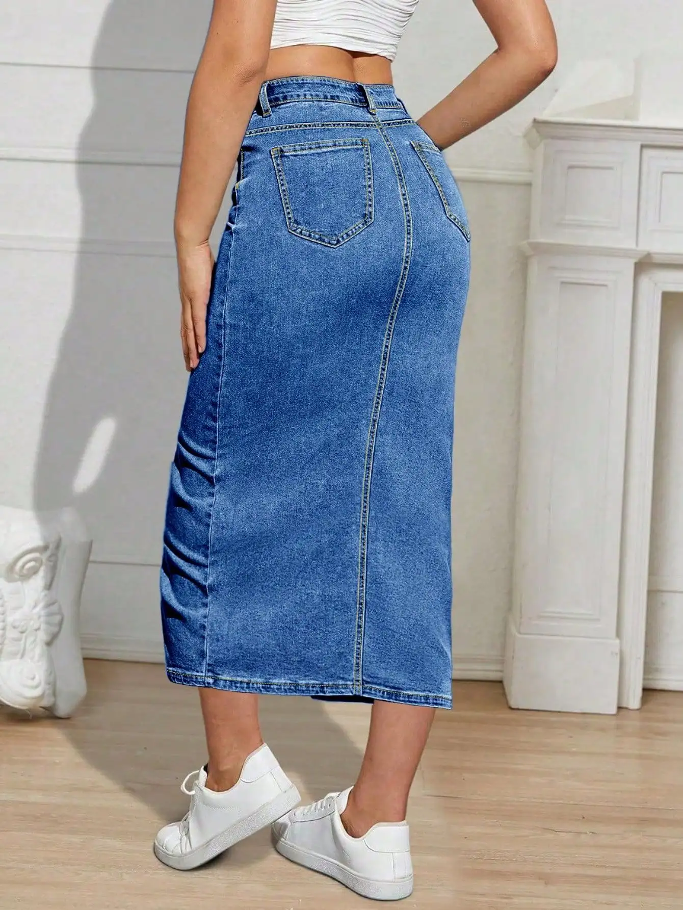 High-waisted Slit Denim Womens Bodycon Midi Skirt