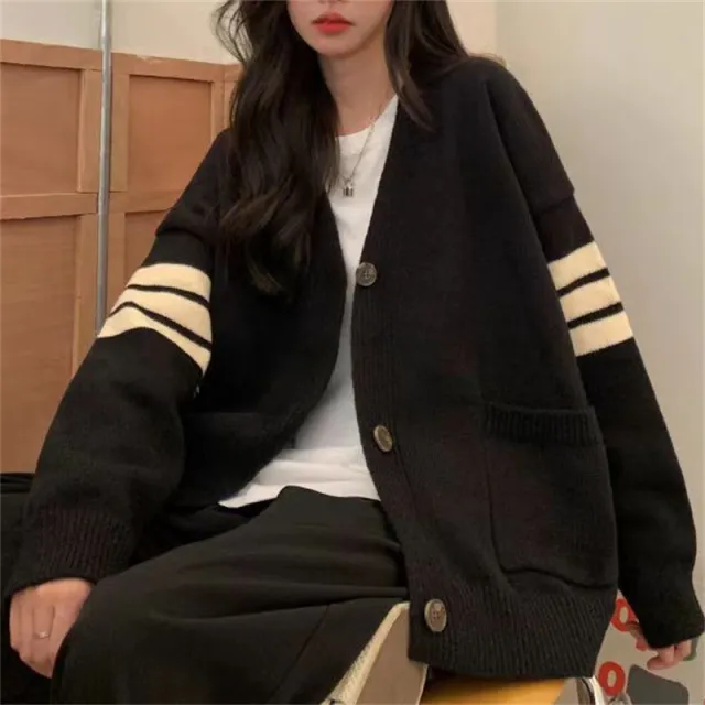 Idle Style V neck Double breasted Knitwear Loose Sweater Black - Shop at LoveMi