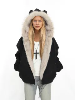 Winter Coat With A Fur Collar Made From Faux Suede For Warmth - Black - View 1