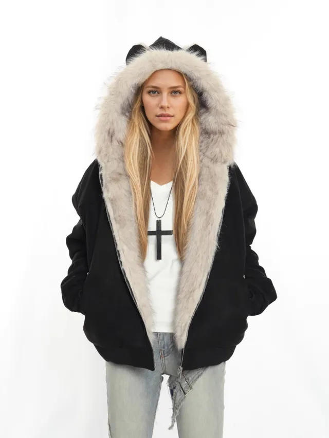 Winter Coat With A Fur Collar Made From Faux Suede For Warmth Black - Shop at LoveMi