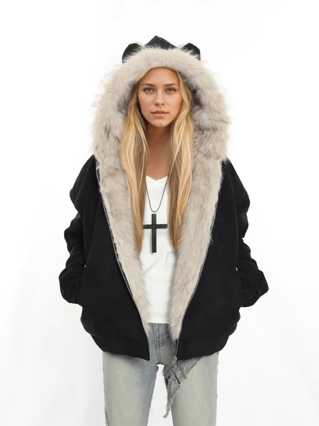 Winter Coat With A Fur Collar Made From Faux Suede For Warmth - Black