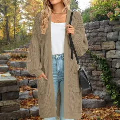 European And American Loose Lantern Sleeve Sweater Women's Cardigan Mid-length Autumn And Winter Pocket Coat - Khaki - View 1