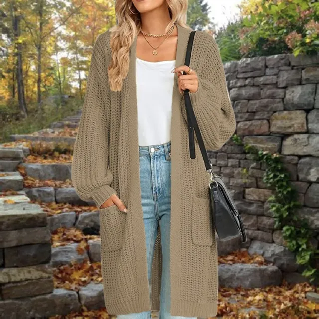 European And American Loose Lantern Sleeve Sweater Women's Cardigan Mid length Autumn And Winter Pocket Coat Khaki - Shop at LoveMi