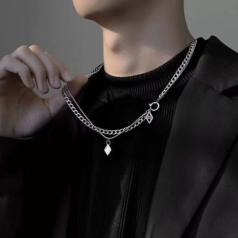 Double-layer Lozenge Titanium Steel Necklace Simple Twin Clavicle Chain