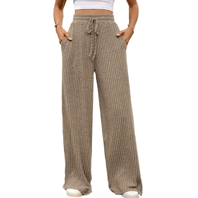 Multi color Drawstring Loose Sunken Stripe Straight leg Trousers Coffee - Shop at LoveMi