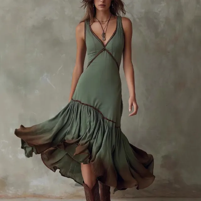 Bohemian Tie Dye Ruffle Midi Skirt For Cross Border Independent Sites In Europe And The US Olive - Shop at LoveMi