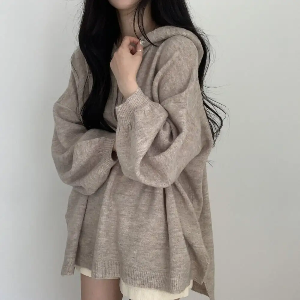 Korean-style Relaxed-fit Knitted Hoodie With A Laid-back Vibe And Puffed Sleeves