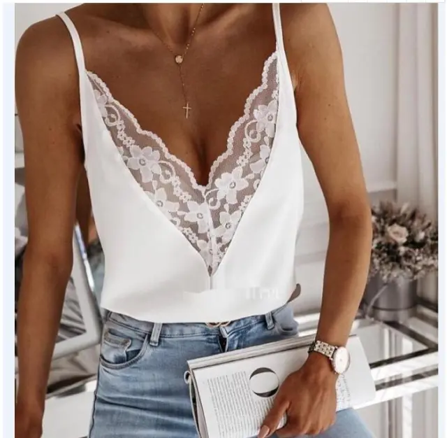 Printed Fashion Lace Patchwork V Neck Camisole T Shirt White - Shop at LoveMi