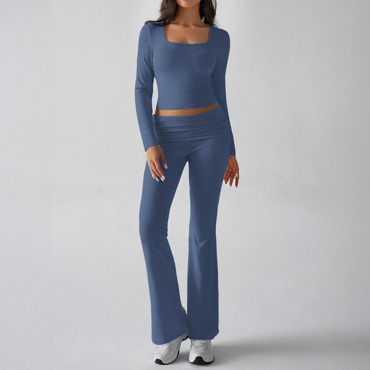 Casual Knitted Long sleeved Top Yoga Top Pants Denim Blue - Shop at LoveMi