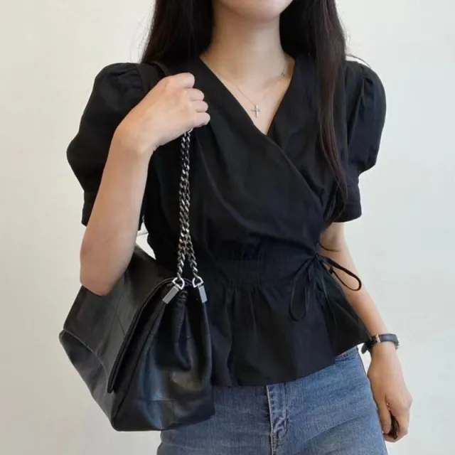 Simple Solid Color And V neck Back Elastic Lace Waist Trimming Short Shirt For Women Black - Shop at LoveMi