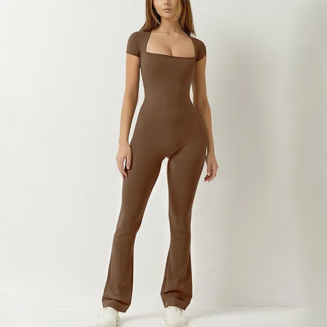 Solid Color Square Collar Short sleeved Jumpsuit Brown - Shop at LoveMi