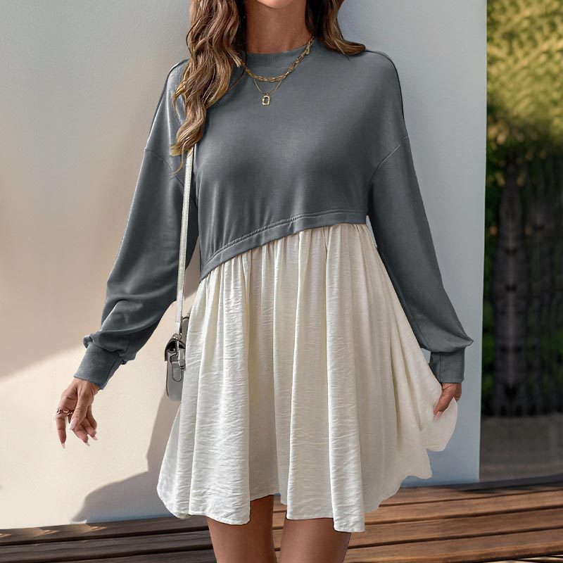 Personal Leisure Date Round Neck Long Sleeve Color Matching Loose Dress Dark Gray - Shop at LoveMi