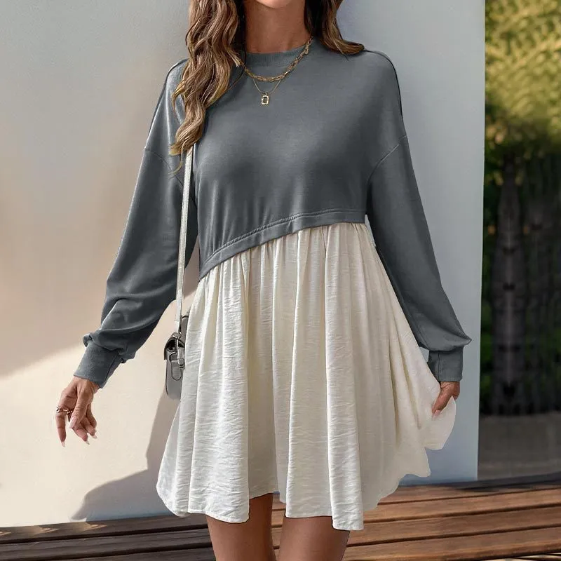 Personal Leisure Date Round Neck Long Sleeve Color Matching Loose Dress - Dark Gray