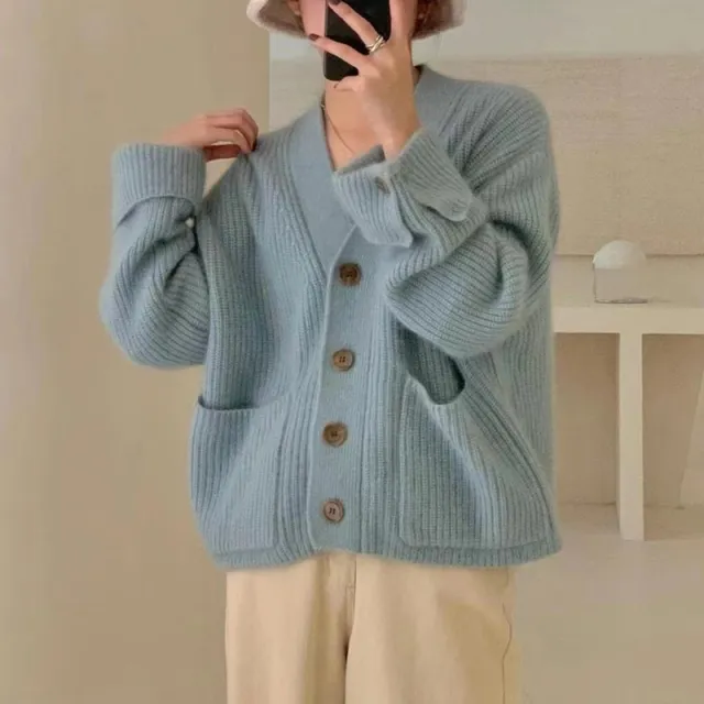 V neck Soft Glutinous Sweater Single breasted Loose Knitted Coat Light Blue - Shop at LoveMi