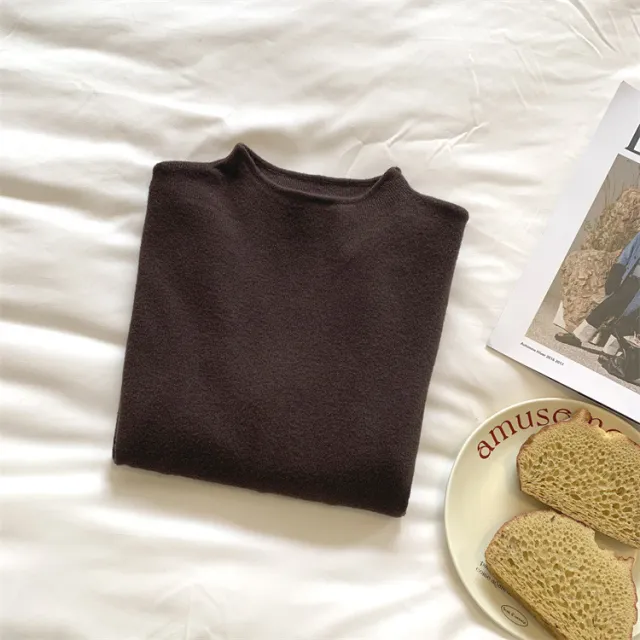 Simple Casual Stand Collar Shoulder Long Sleeve Sweater Dark Coffee Color - Shop at LoveMi