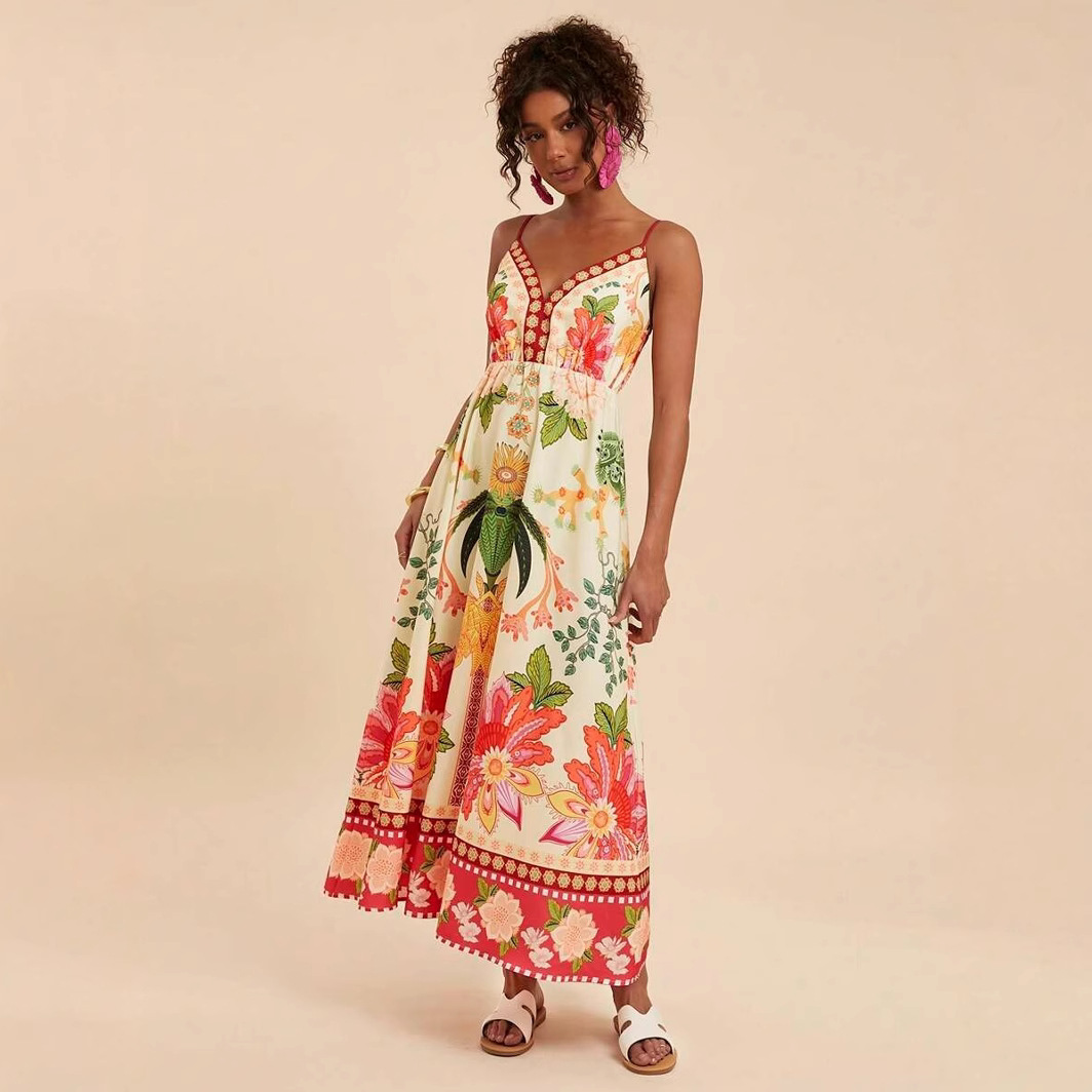 Palm Tree Print Spaghetti Strap Long Dress