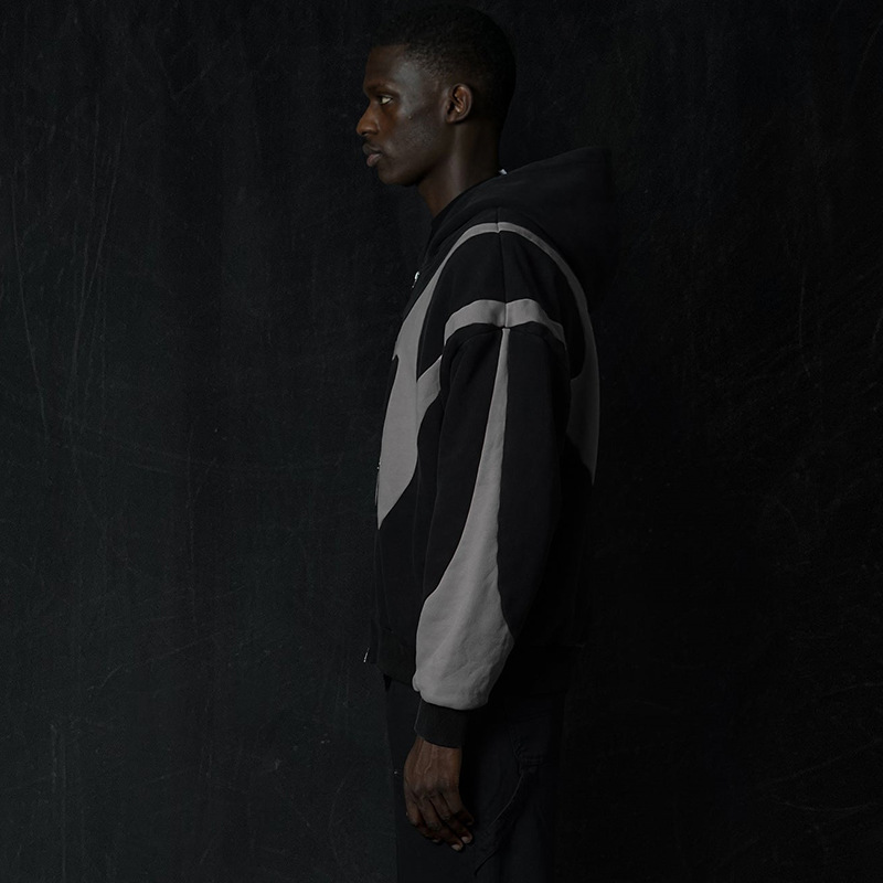 Pattern Stitching Trendy Hooded Cardigan Zipper Sweater