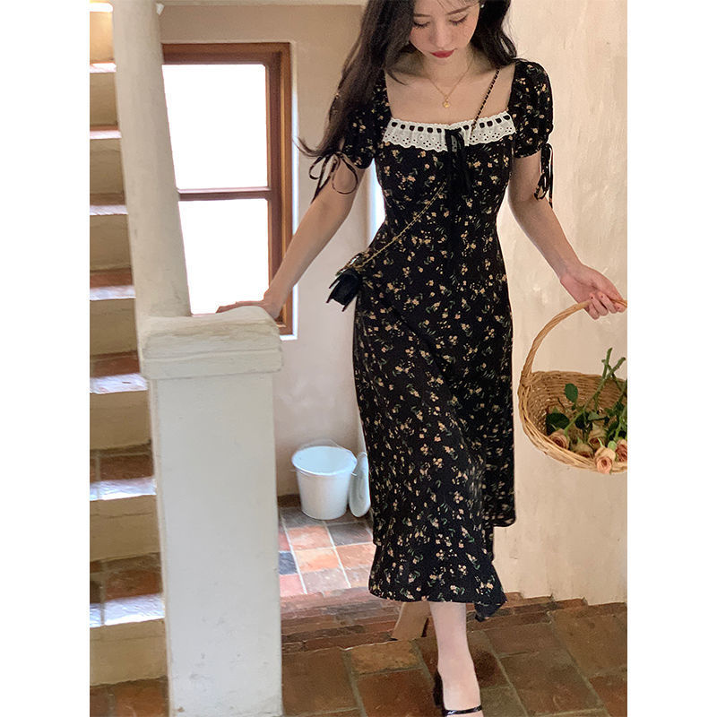 French Square Collar Printing Dress Children