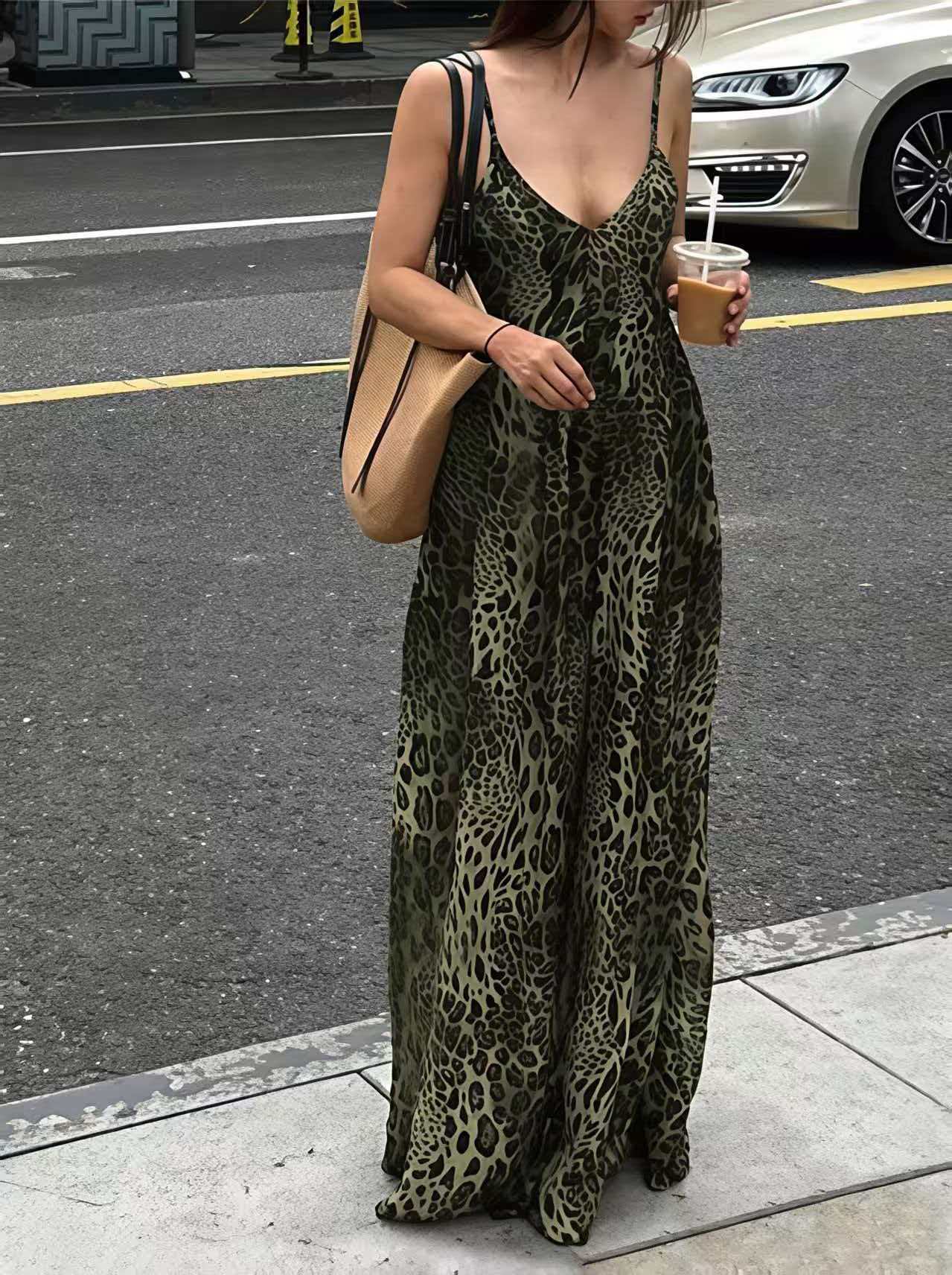 Sexy Leopard-print Backless V-neck Summer Slip Dress For Curvy Figures