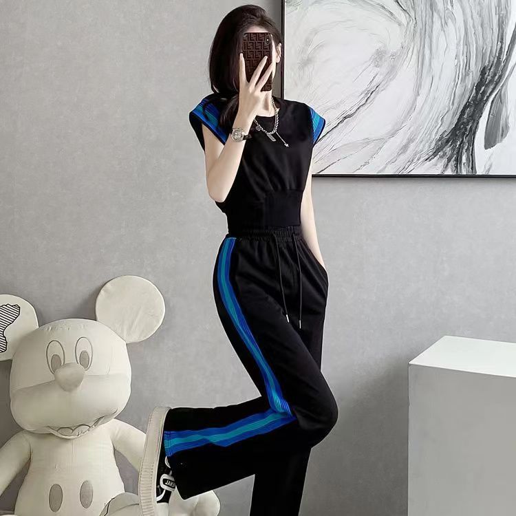 Women's Summer High-End Contrasting Color Short-Sleeve Top And High-Waist Wide-Leg Pants Two-Piece Set