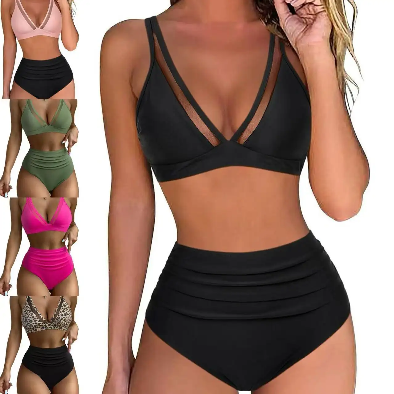 European And American Style High-Waisted Mesh Patchwork Sexy Backless Ruched V-Neck Swimsuit For Women