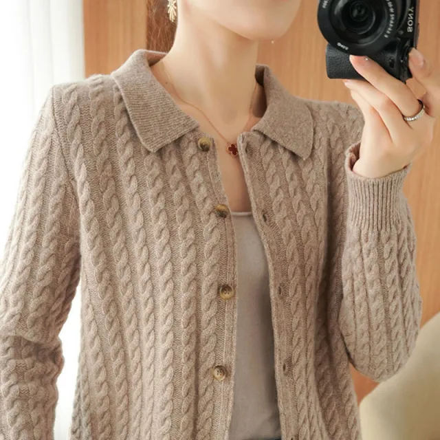 Spring And Autumn New Western Style Lapel Knitted Sweater Camel - Shop at LoveMi