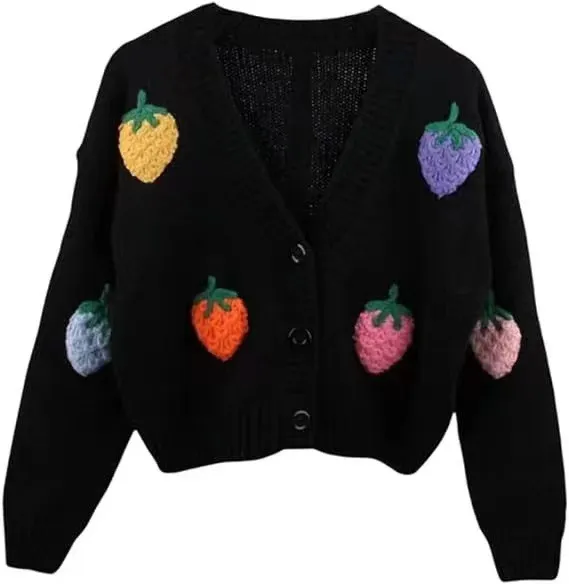 Heavy Industry Manual Embroidered Cardigan Coat Sweater High Sense Black Strawberry - Shop at LoveMi