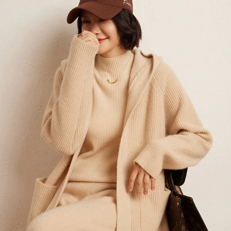 Cashmere Autumn And Winter Loose Hooded Double-sided Fashion Casual Knitted Cardigan Coat Coat