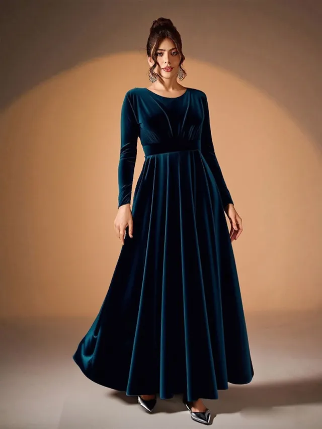 Plus Size Velvet Long Sleeve Dress With Pleats Blue - Shop at LoveMi