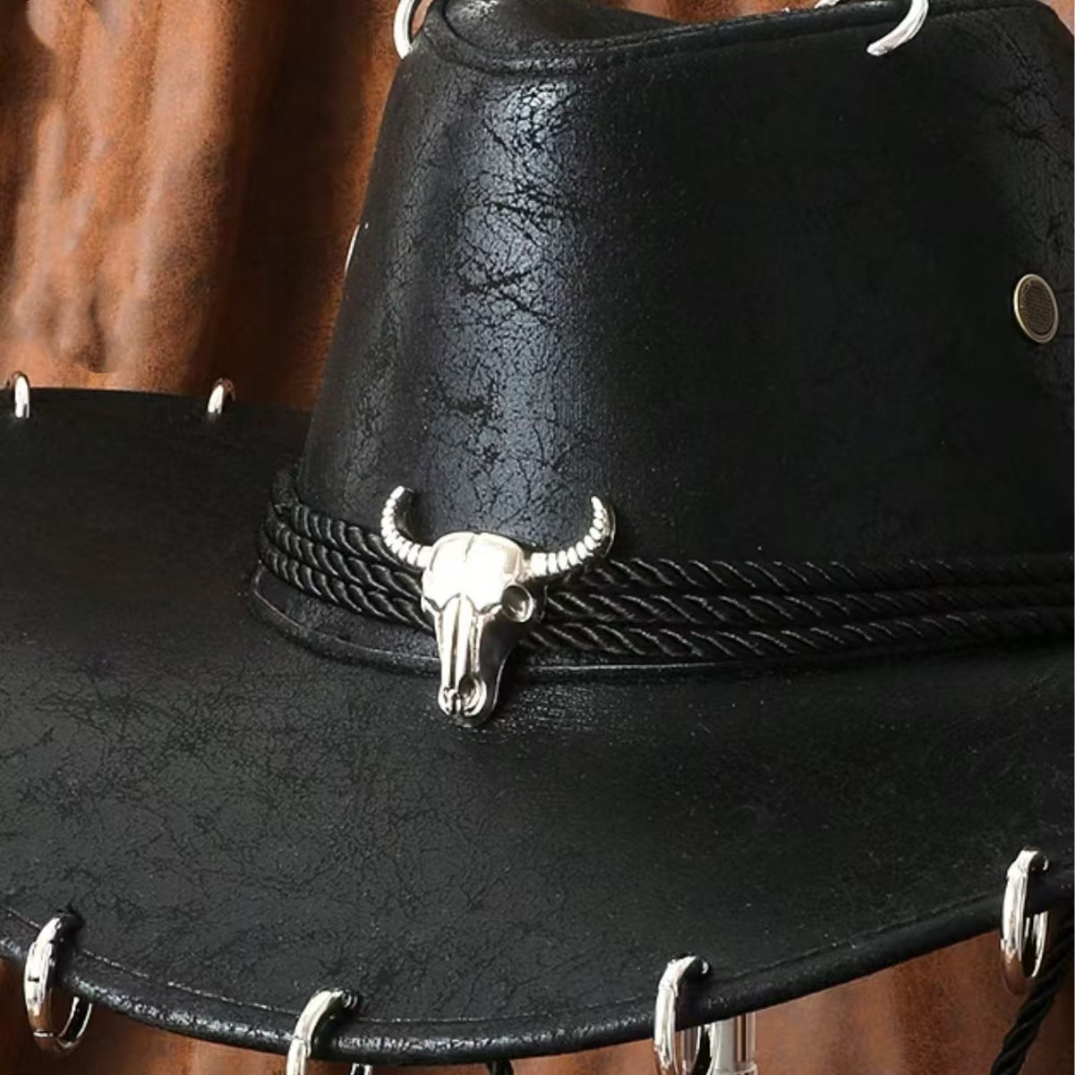 American Style Vintage Western Cowhide Head Chain Decorated Hat