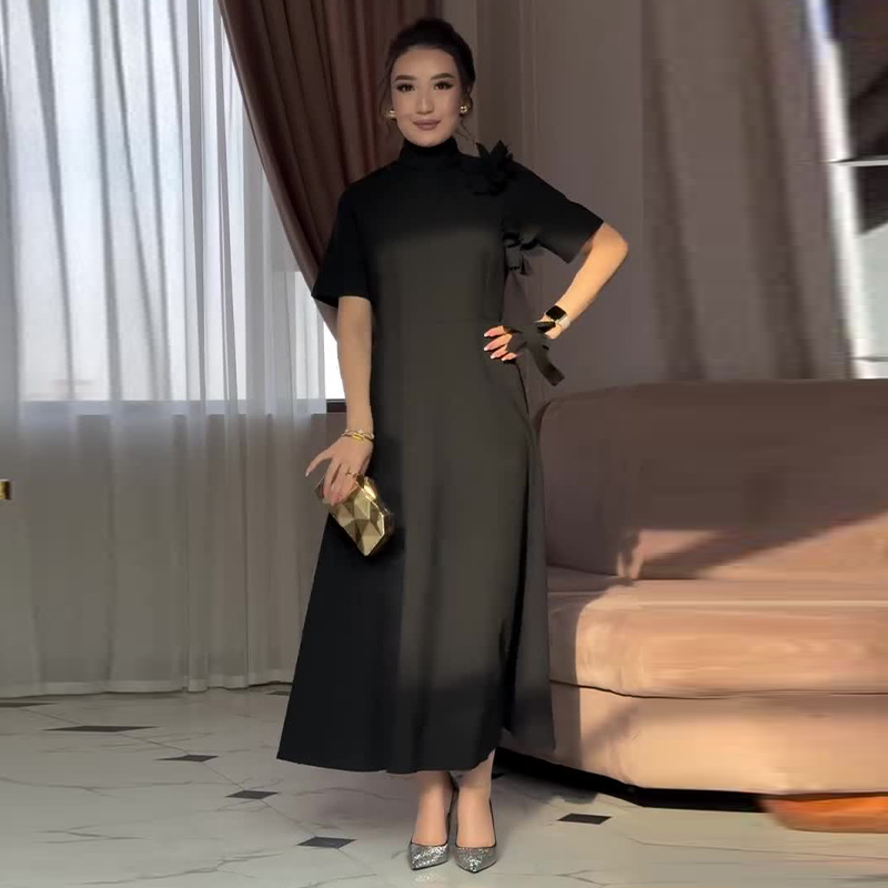 High-neck Black Three-quarter-sleeve Dress