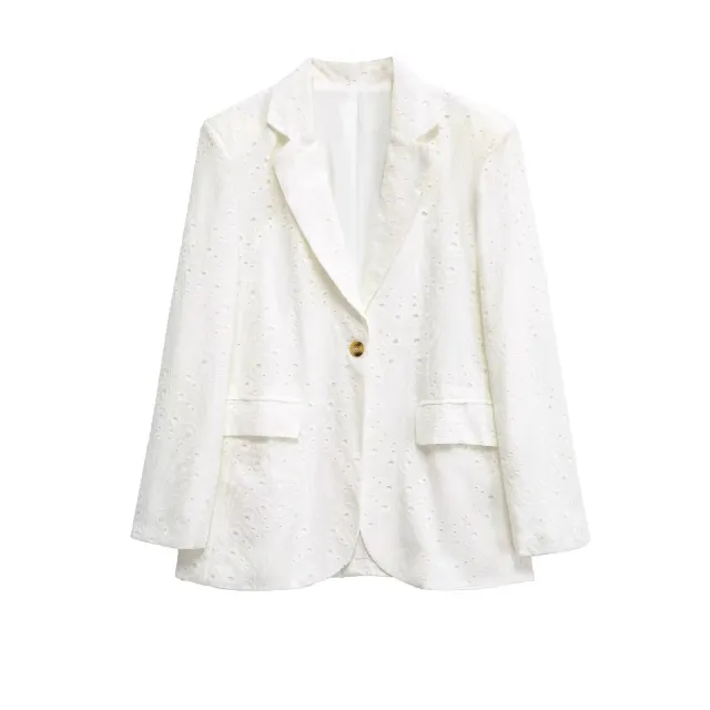 Casual Embroidered Hollow Out Single Breasted Jacket White - Shop at LoveMi