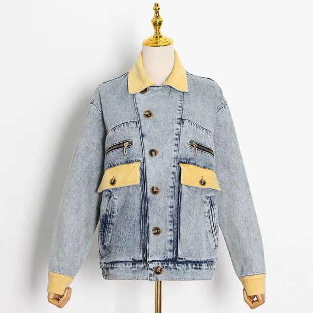 Fashion Elegance Retro Lapel Single Breasted Design Color Contrast Patchwork Loose Denim Jacket Blue - Shop at LoveMi