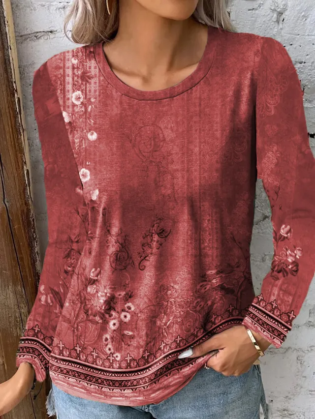 Landscape Painting Printed Long sleeved T shirt Top Red - Shop at LoveMi