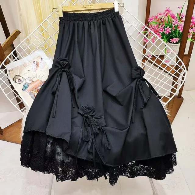 High waisted Bow Heavy Work Spliced Lace A line Midi Skirt Black - Shop at LoveMi