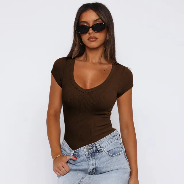 Womens Ribbed Pullover Solid Color Versatile And Stylish Short Sleeves Coffee - Shop at LoveMi