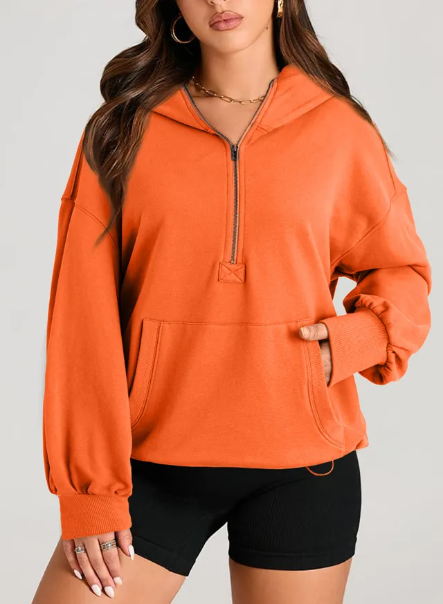 Solid Color Long Sleeve Hooded Zipper Sweatshirt Orange - Shop at LoveMi