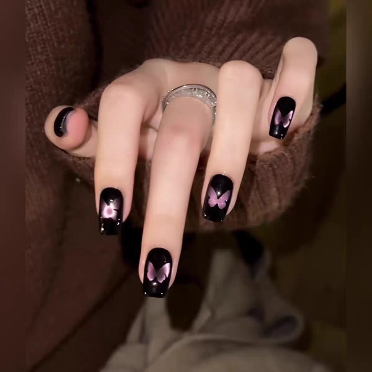Handmade Black And Purple Butterfly Nail Art For Fall And Winter