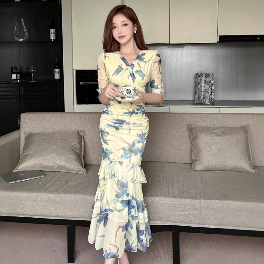 V neck Mesh Printed Short sleeve Maxi Slip Dress Blue - Shop at LoveMi