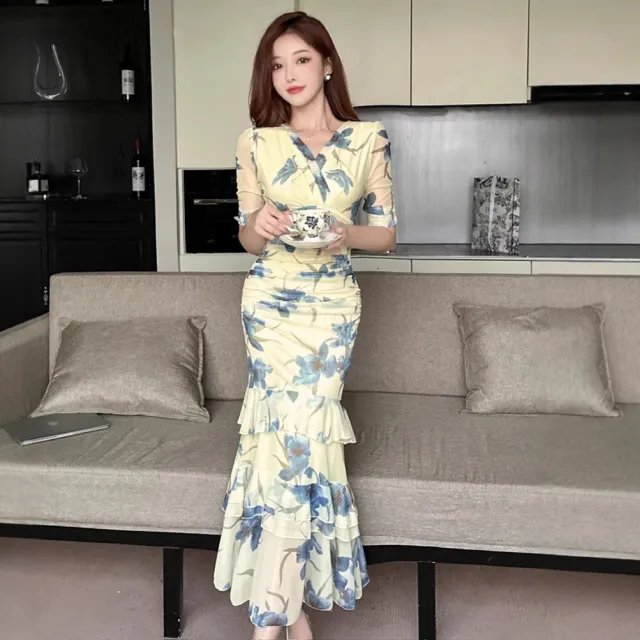 V neck Mesh Printed Short sleeve Maxi Slip Dress Blue - Shop at LoveMi