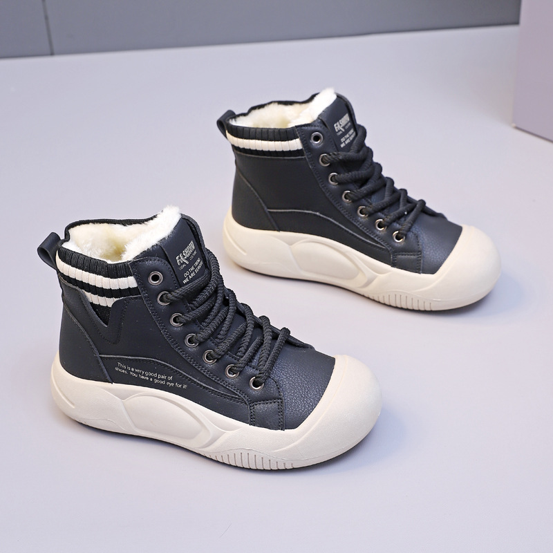 Women's Autumn And Winter Fleece lined High top Casual Shoes Black - Shop at LoveMi