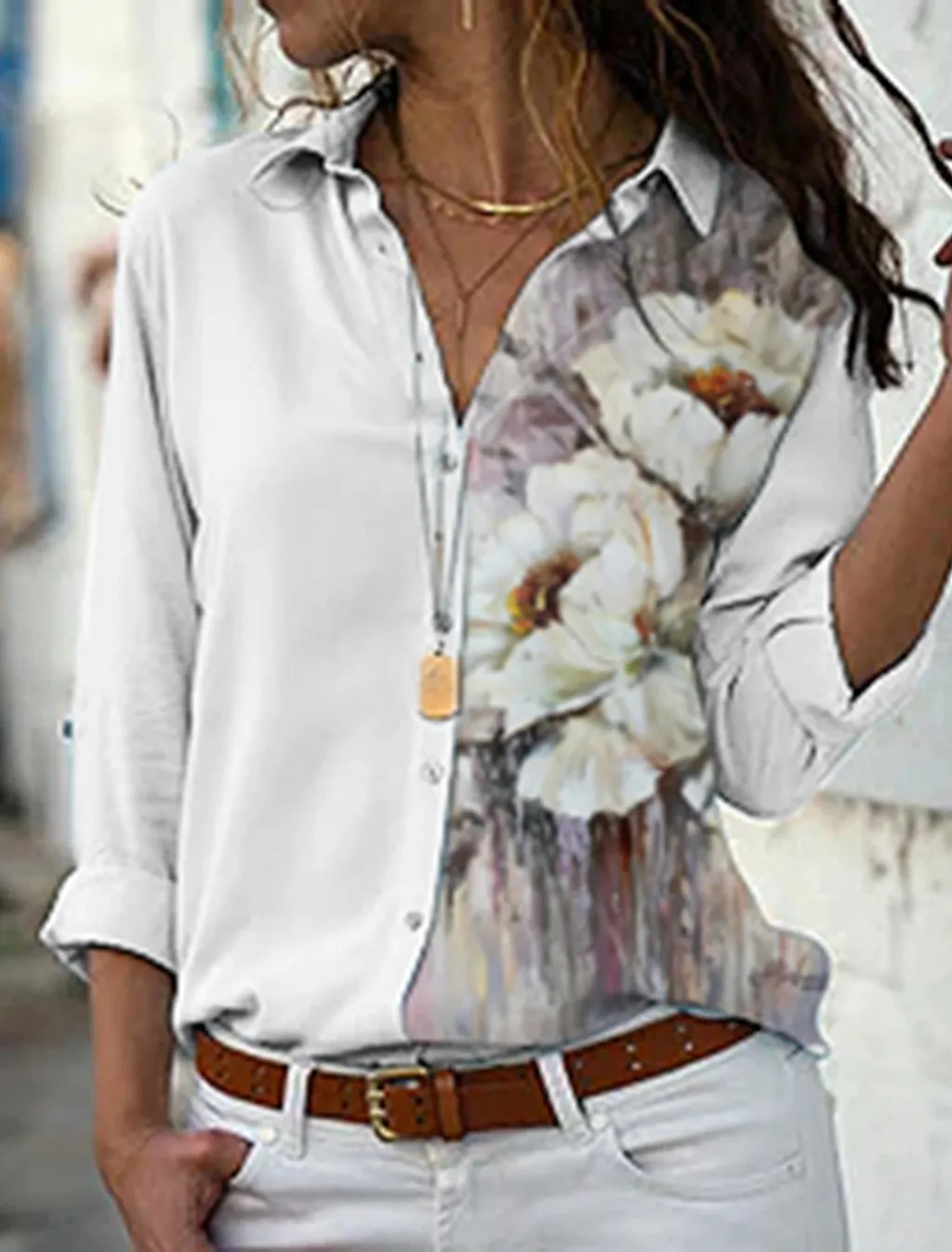New Solid Color Flower Branch Classical Elegant Printing 3D Digital Loose Cardigan Women's Long-sleeved Blouse - B25Sltha240216S-S