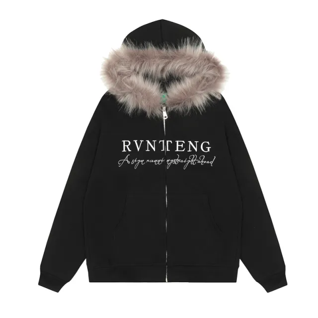 American Retro Alphabet Embroidery Fur Collar Hood Brushed Hoody Black - Shop at LoveMi
