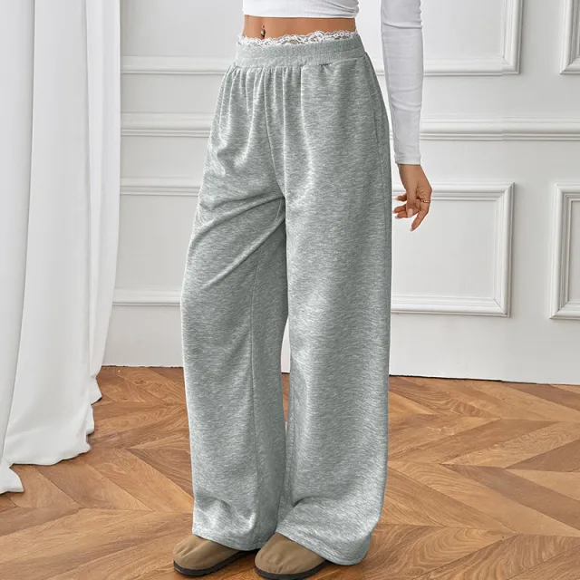 Lace Stitching Fake Two Pieces Casual Straight Trousers Women Gray - Shop at LoveMi